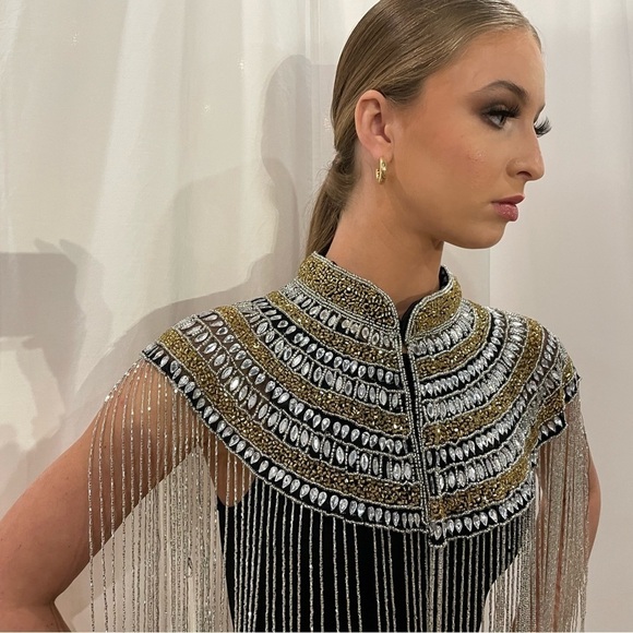 Silver and Gold Hand Beaded and Stoned Fringe Cape - Picture 5 of 6